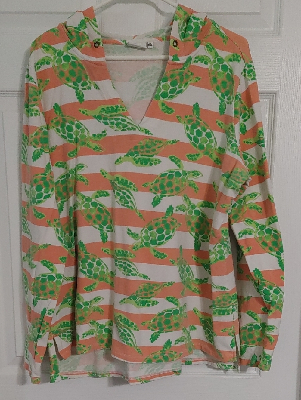 Crown & Ivy Sea Turtle Striped Beach Hoodie in Green & Coral 1X